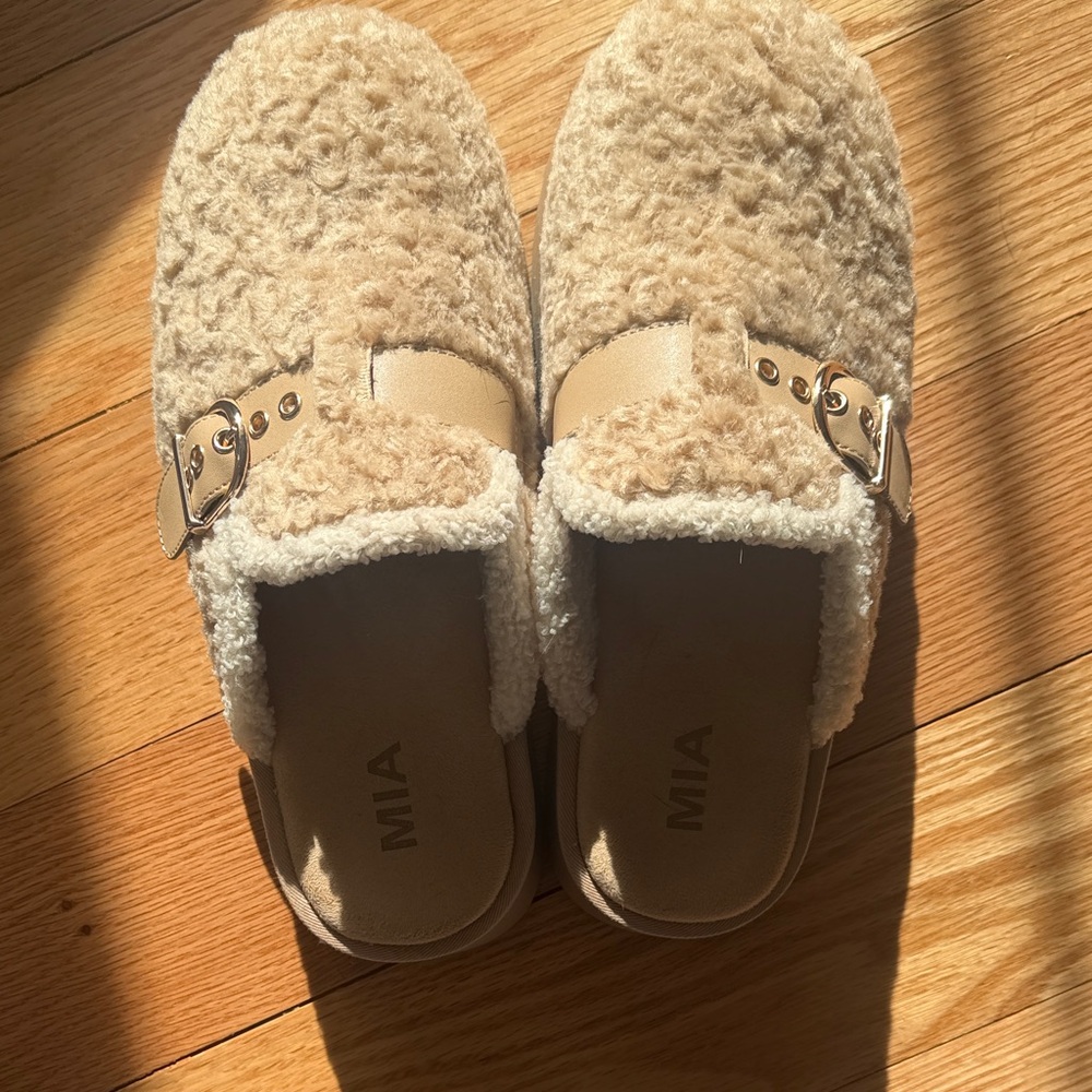 MIA Beige Fuzzy Buckle Slip-Ons